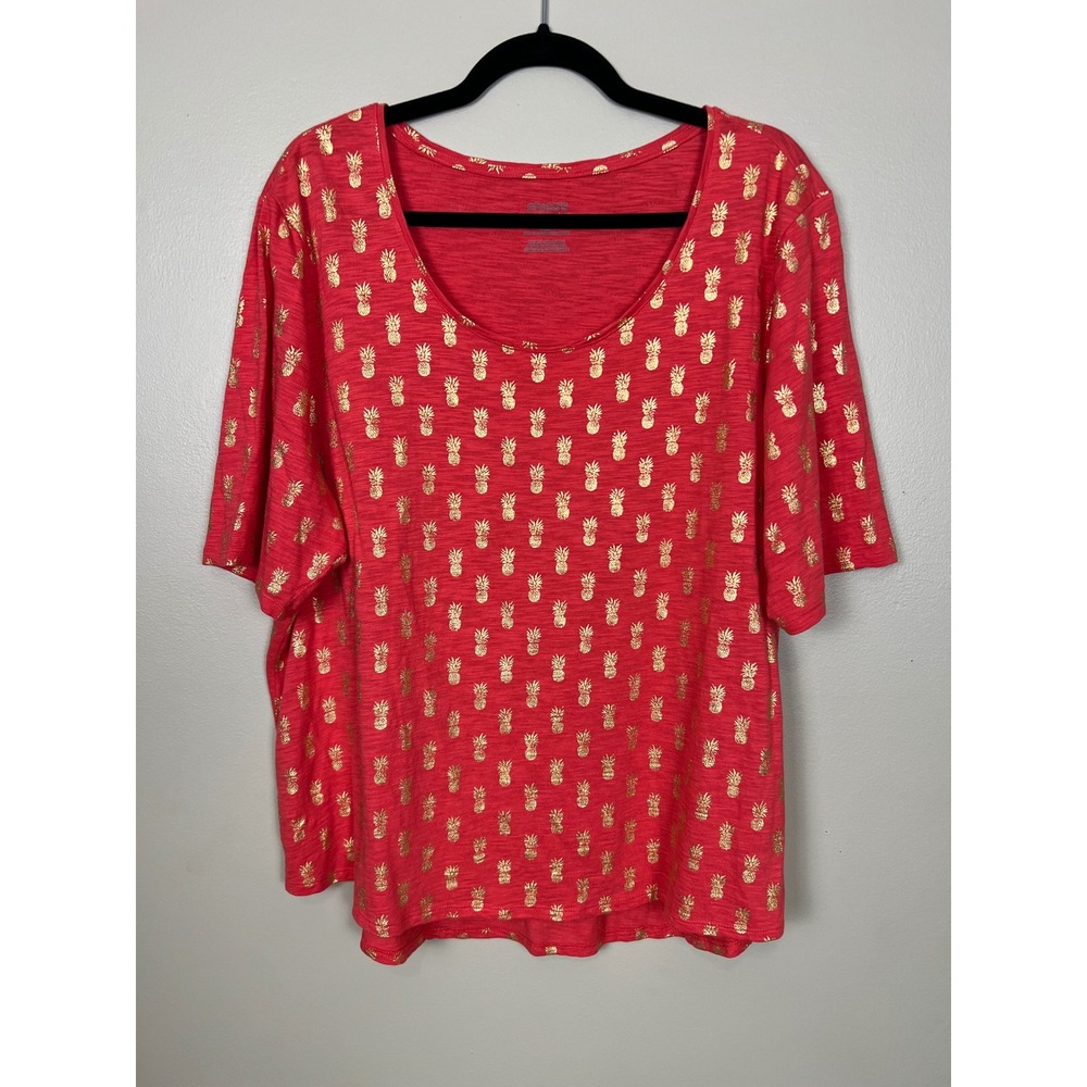 Chicos Red‎ Gold Pineapple Foil The Ultimate Tee Short Sleeve Cotton Modal Top 4